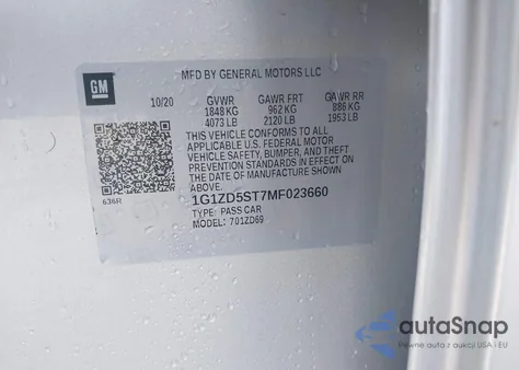 2021 Chevrolet Malibu Fwd Lt z USA, uszkodzony, nr VIN 1G1ZD5ST7MF023660